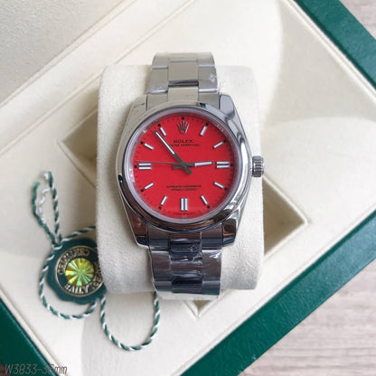 ROLEX OYSTER PERPETUAL PRATA VERMELHO FEMININO 36MM