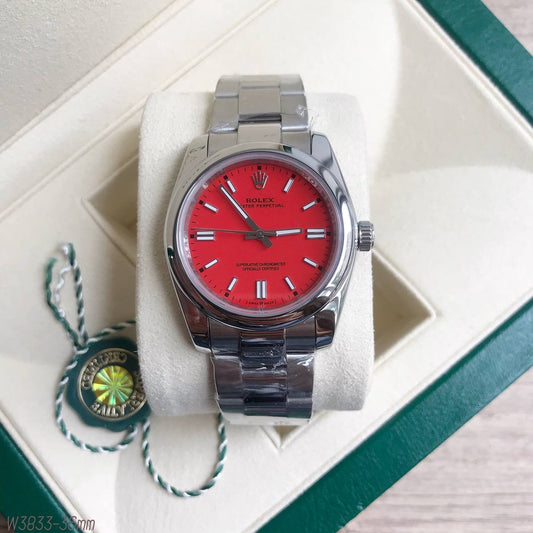 ROLEX OYSTER PERPETUAL PRATA VERMELHO FEMININO 36MM