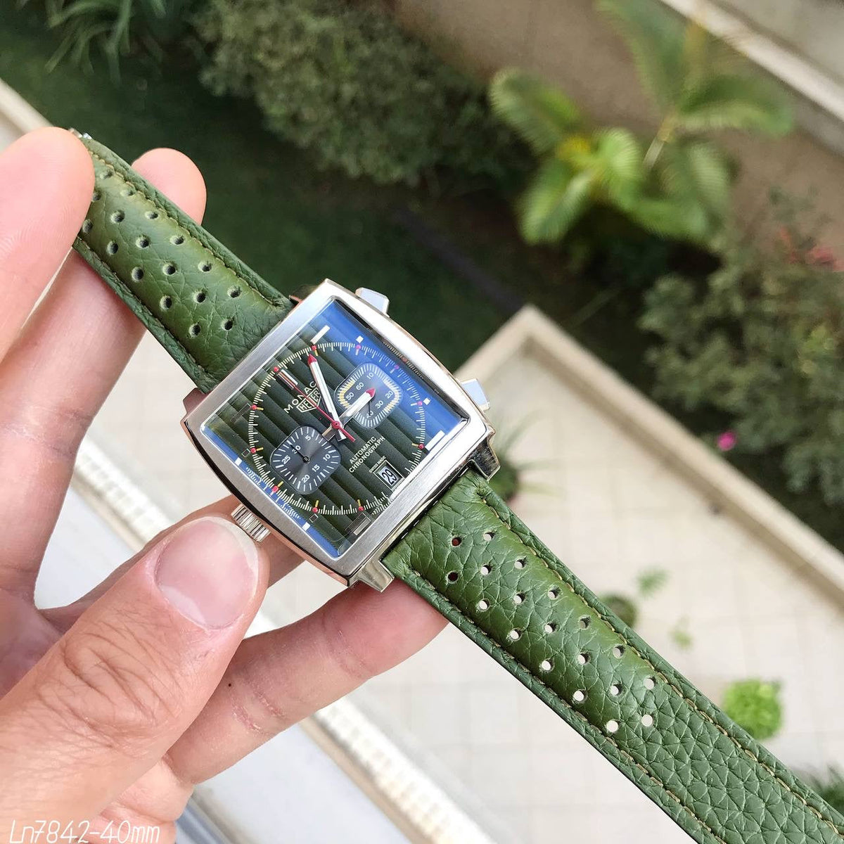 TAG HEUER MONACO PRATA VERDE COURO 40MM