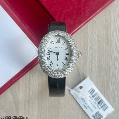CARTIER BAIGNOIRE PRATA COURO BRILHANTES 32MM FEMININO