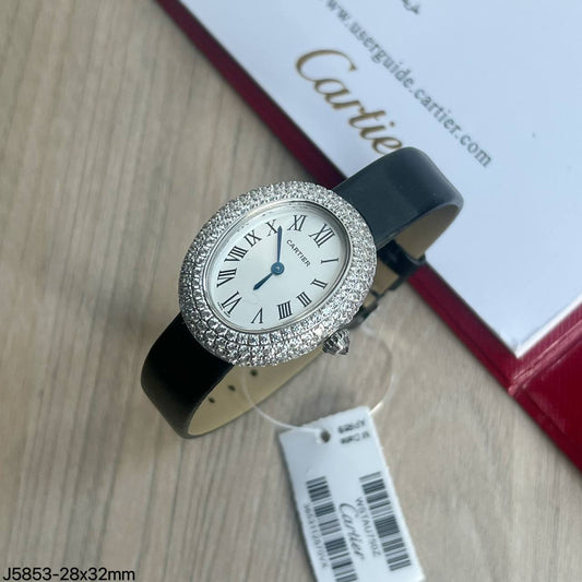 CARTIER BAIGNOIRE PRATA COURO BRILHANTES 32MM FEMININO