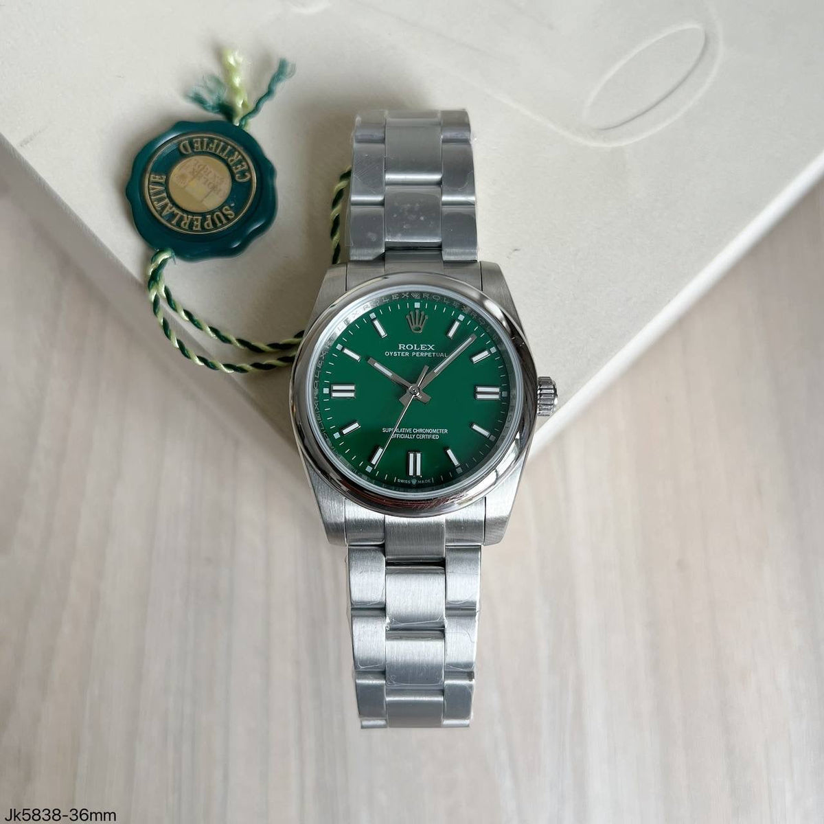 ROLEX OYSTER PERPETUAL PRATA VERDE FEMININO 36MM