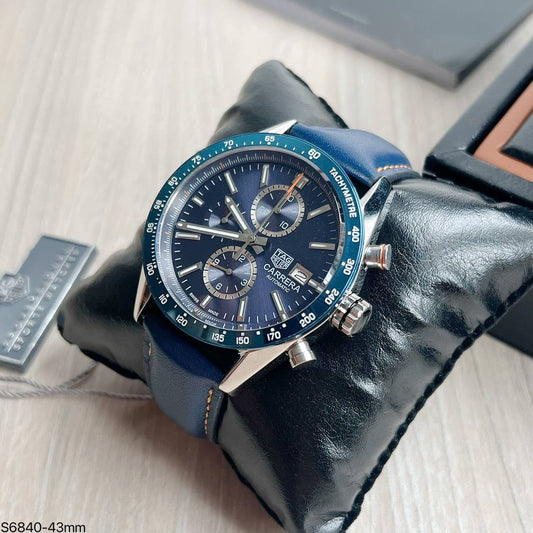 TAG HEUER CARRERA PRATA AZUL COURO 43MM