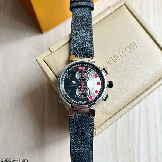 LOUIS VUITTON TAMBOUR PRATA COURO 41MM