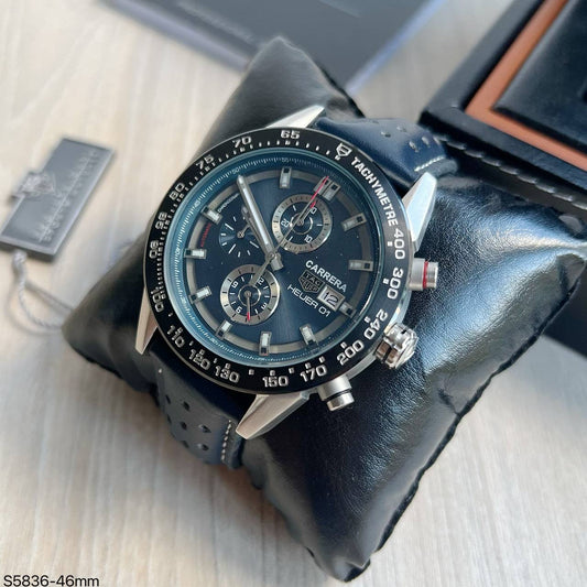 TAG HEUER CARRERA 02 PRATA AZUL COURO 46MM