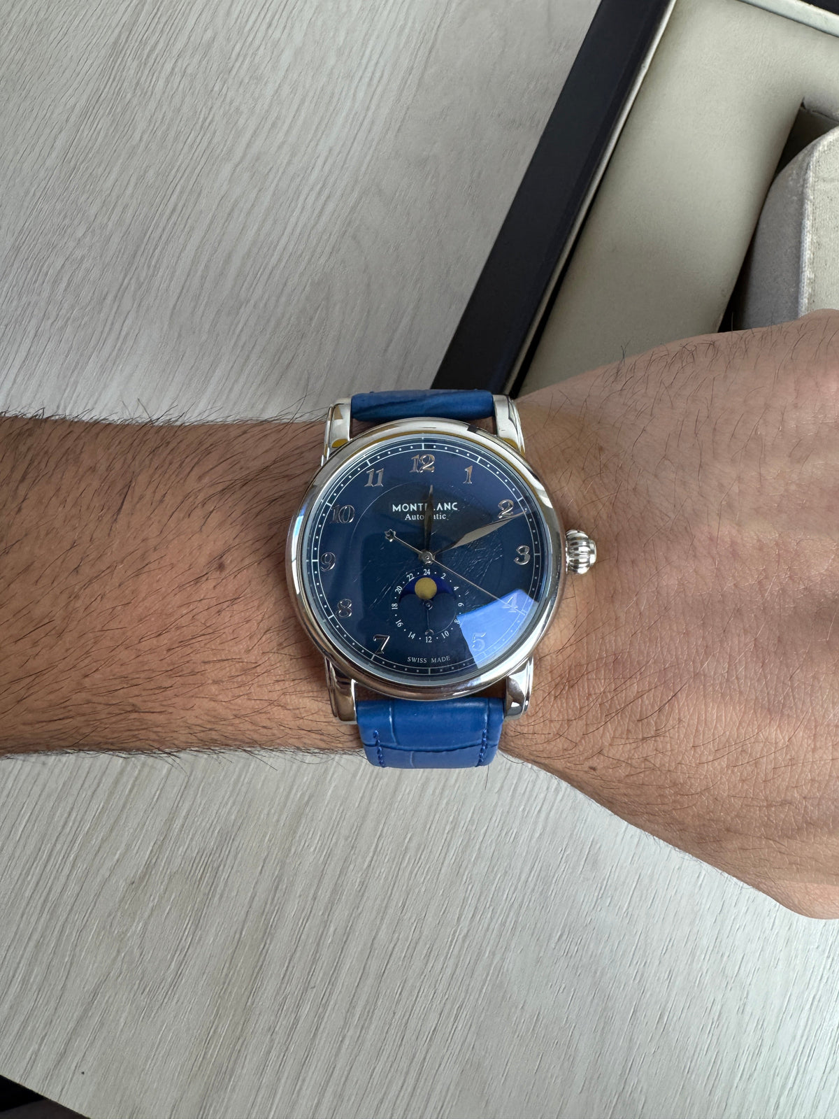 MONT BLANC PRATA COURO AZUL AUTOMÁTICO 42MM