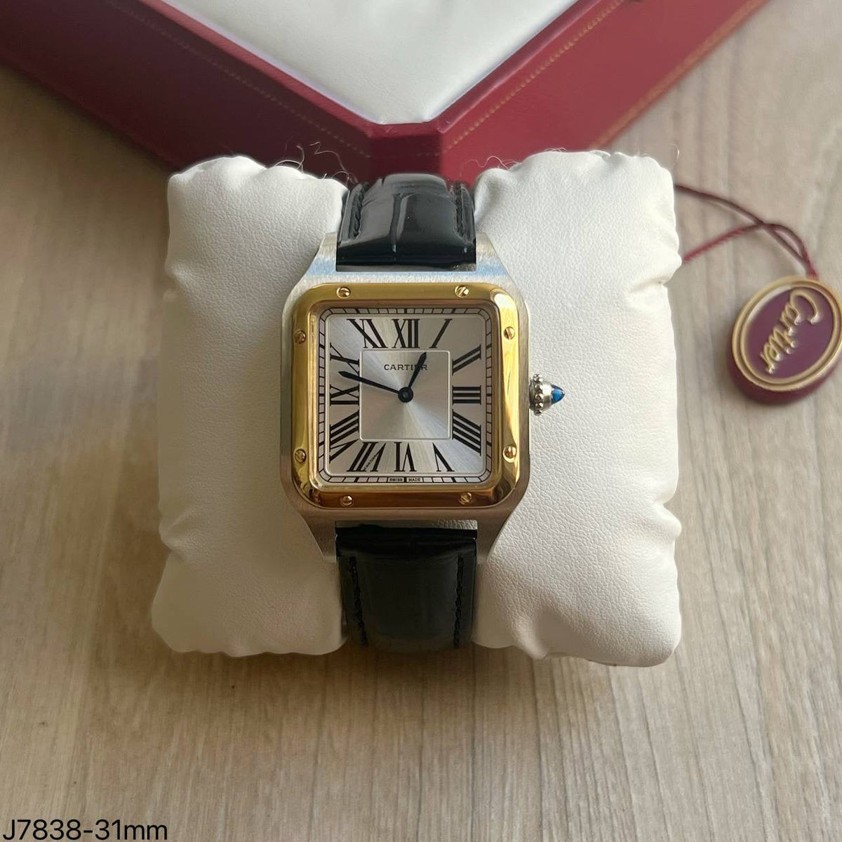 CARTIER SANTOS DUMONT PRATA DOURADO COURO 31MM X 45MM