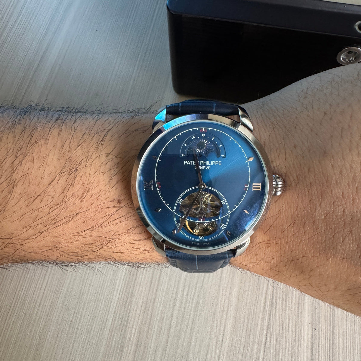 PATEK PHILIPPE PRATA AZUL COURO AUTOMATICO 43MM