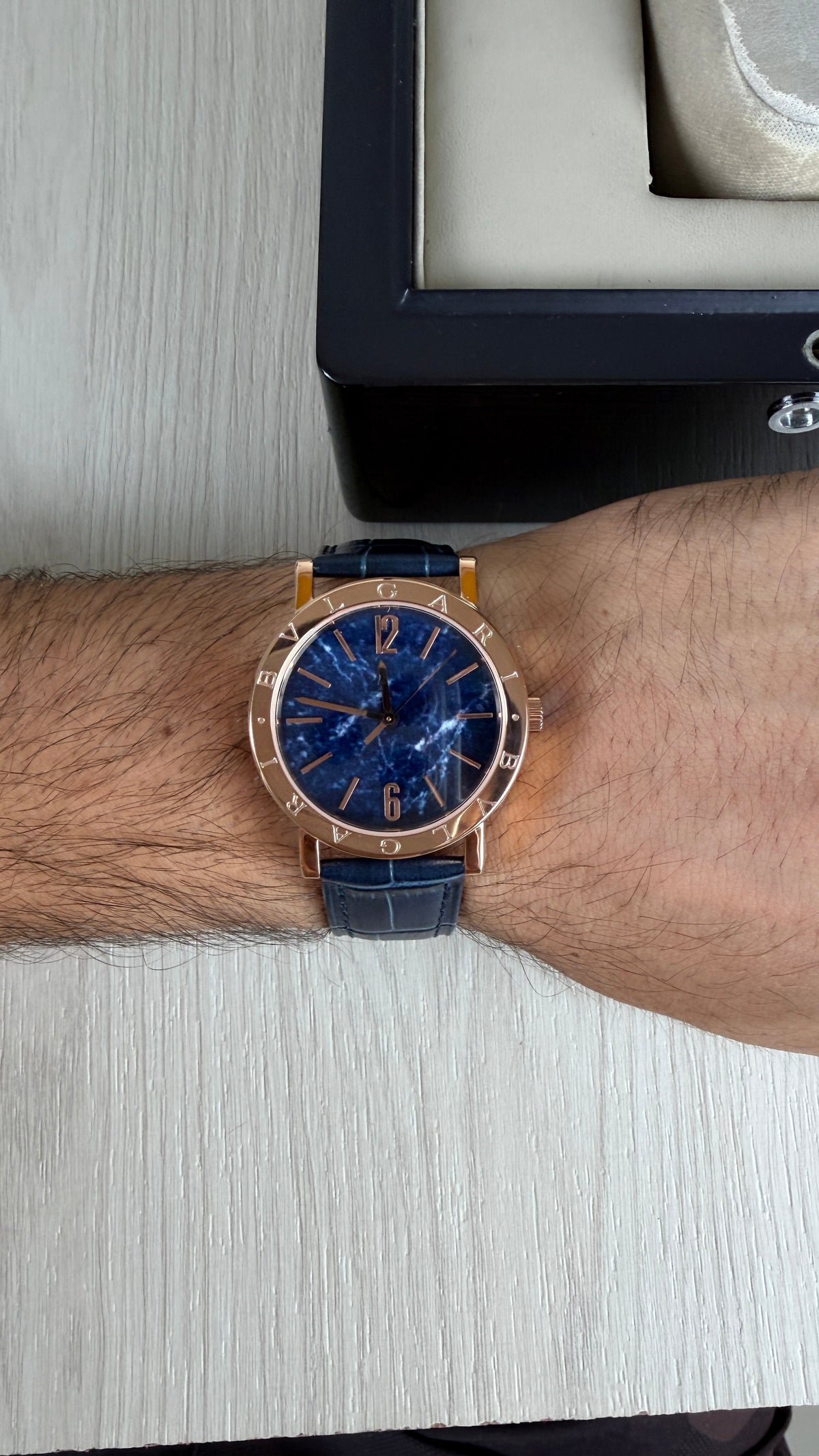 BVLGARI ROMA ROSE AZUL COURO AUTOMATICO 38MM
