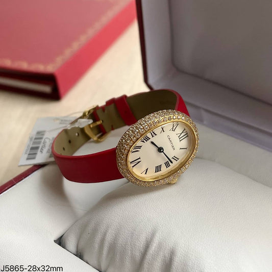 CARTIER BAIGNOIRE DOURADO COURO BRILHANTES 32MM FEMININO