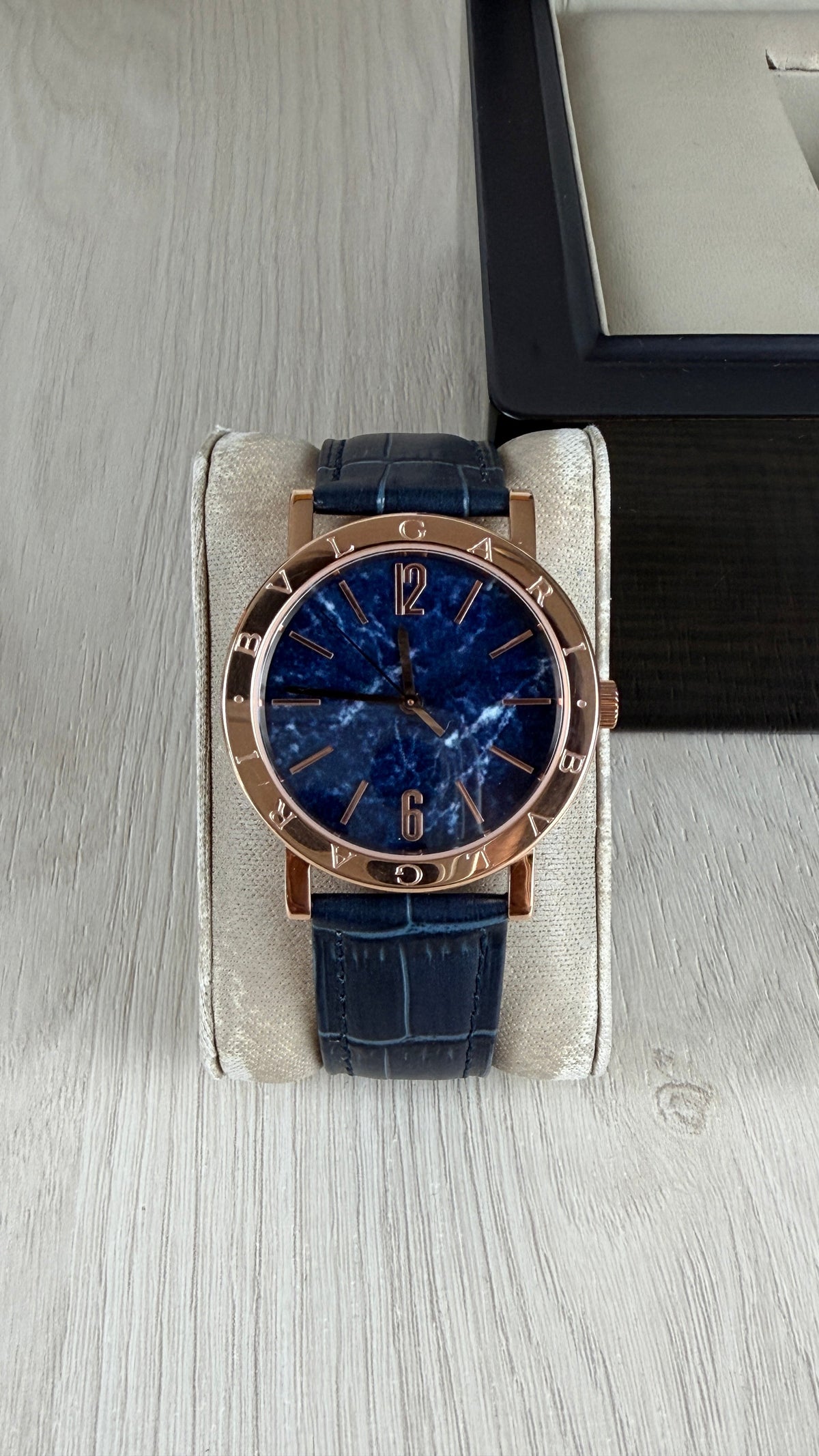 BVLGARI ROMA ROSE AZUL COURO AUTOMATICO 38MM
