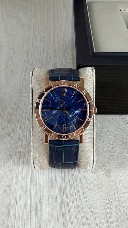 BVLGARI ROMA ROSE AZUL COURO AUTOMATICO 38MM