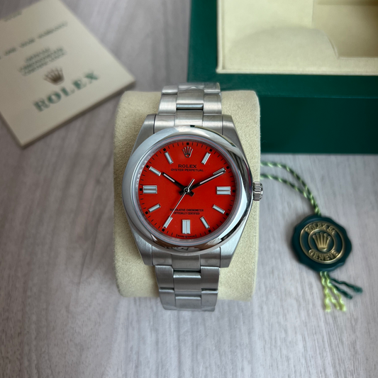 ROLEX OYSTER PERPETUAL PRATA VERMELHO 41MM