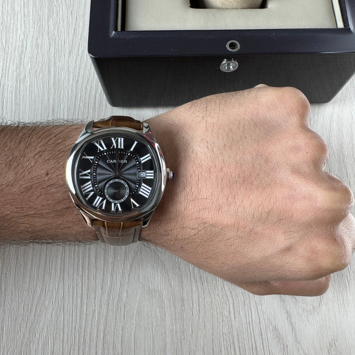 CARTIER DRIVE PRATA PRETO COURO 41MM