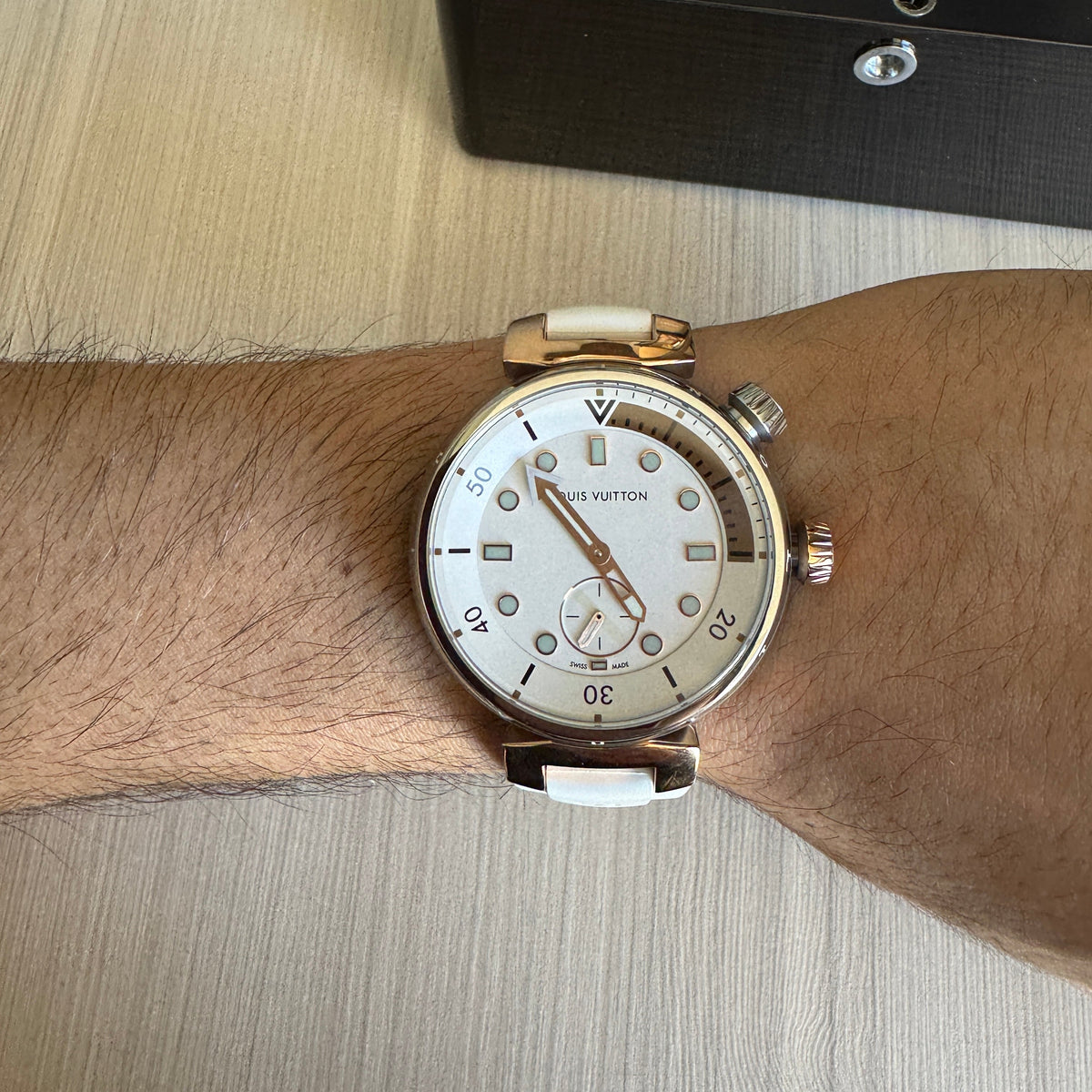 LOUIS VUITTON TAMBOUR PRATA ROSE BRANCO BORRACHA 41MM