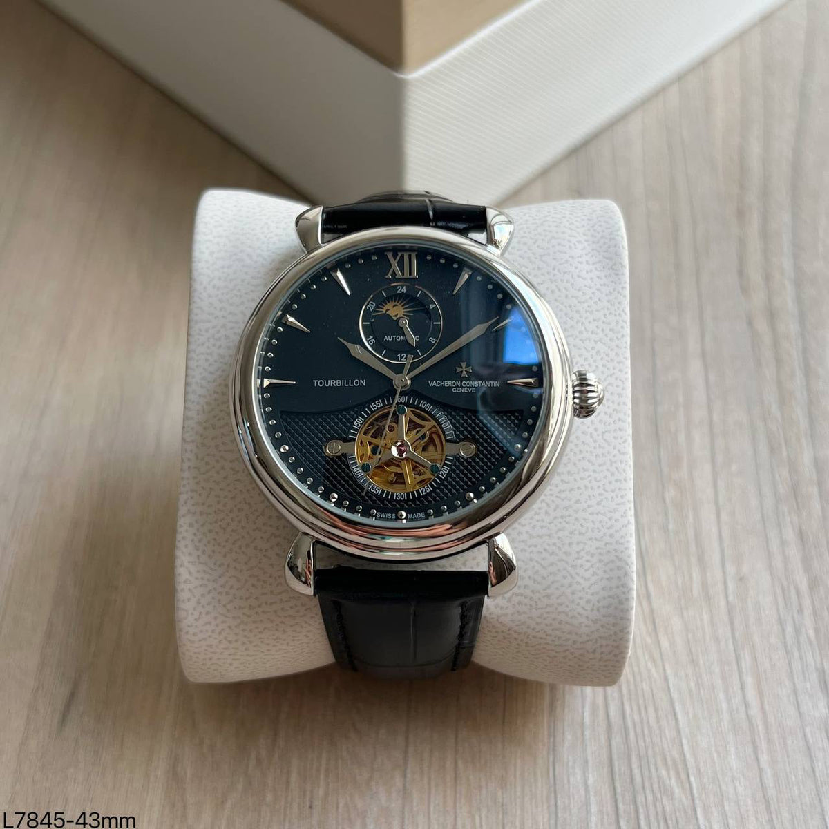 VACHERON CONSTANTIN AUTOMÁTICO PRATA PRETO COURO  45M