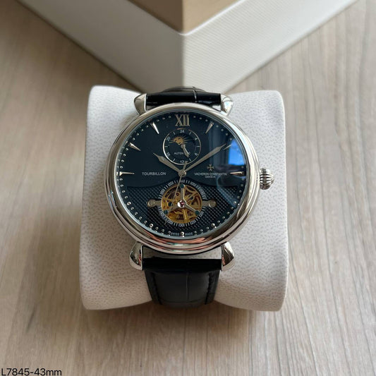 VACHERON CONSTANTIN AUTOMÁTICO PRATA PRETO COURO  45M