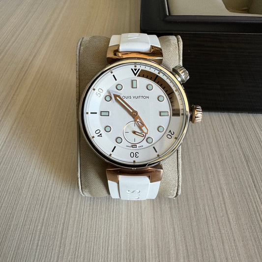 LOUIS VUITTON TAMBOUR PRATA ROSE BRANCO BORRACHA 41MM