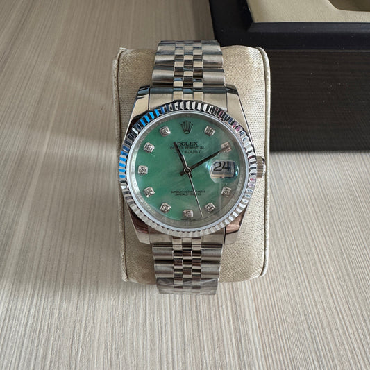ROLEX DATEJUST PRATA VERDE BRILHANTE JUBILEU FEMININO 36MM