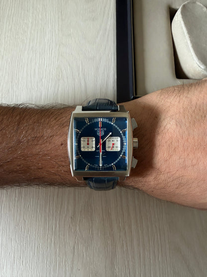 TAG HEUER MONACO PRATA AZUL COURO 42MM