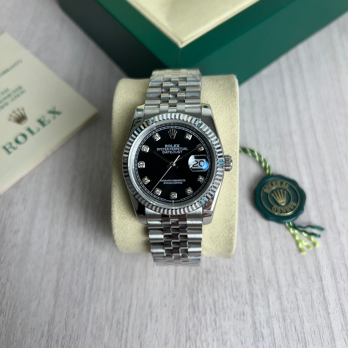 ROLEX DATEJUST PRATA PRETO BRILHANTES FEMININO 36MM