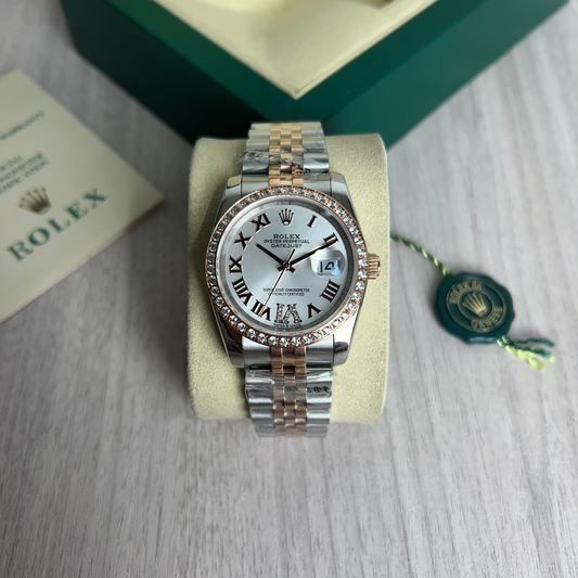 ROLEX DATEJUST MISTO ROSE BRANCO BRILHANTES FEMININO 36MM